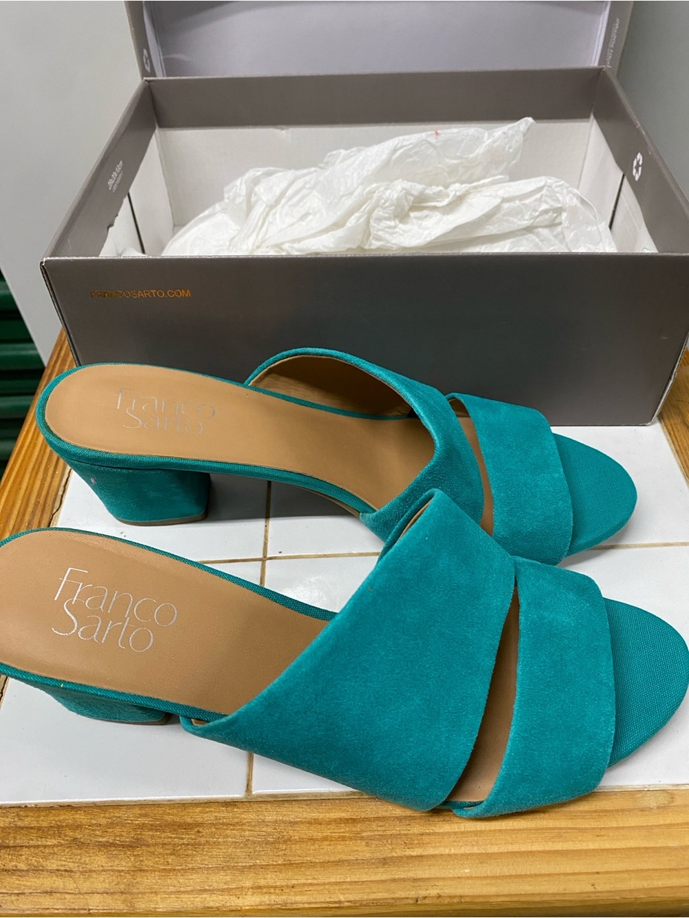 Franco Sarto Teal Suede Cross-Strap Block Heel Mules 8.5M Luxury Elegant